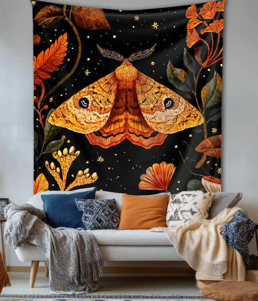 Golden Moth Garden – Aesthetic Wall Tapestry on Wall - Everanta