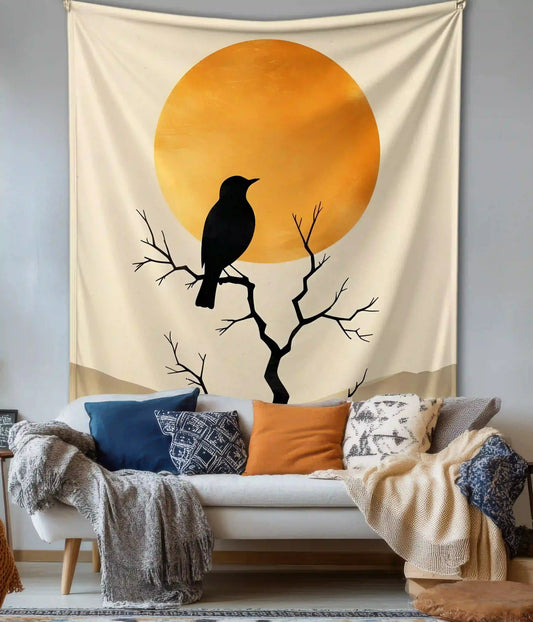 Golden Solitude Minimal Sunset Bird Wall Tapestry - Everanta