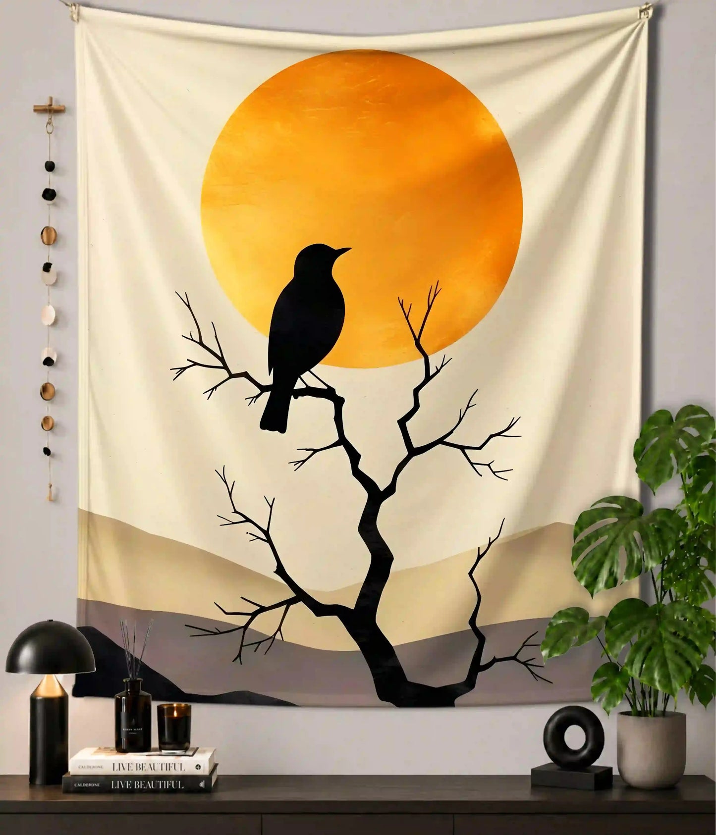 Golden Solitude Minimal Sunset Bird Wall Tapestry Main Image - Everanta