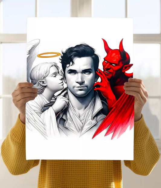 Inner Conflict – Angel & Devil Concept Poster Holding Image - Everanta