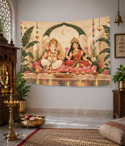 Lakshmi Ganesha Lotus Blessings Devotional Wall Tapestry - Everanta