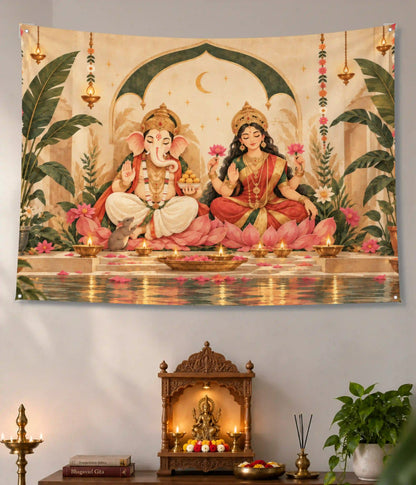 Lakshmi Ganesha Lotus Blessings Devotional Wall Tapestry Main Image - Everanta