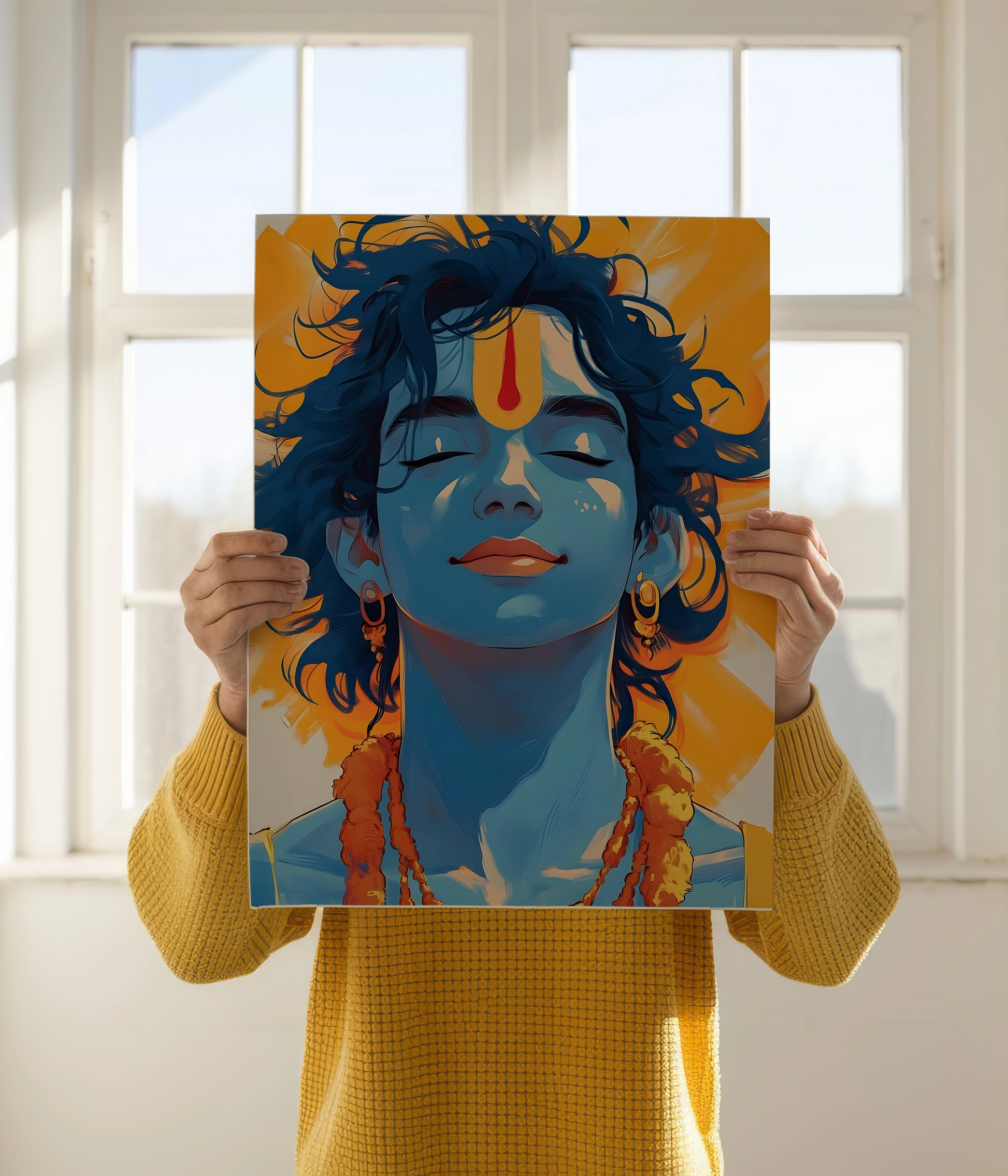 Lord Krishna Smiling in Silence - Divine Poster Holding Image - Everanta