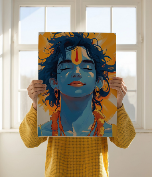Lord Krishna Smiling in Silence - Divine Poster Holding Image - Everanta