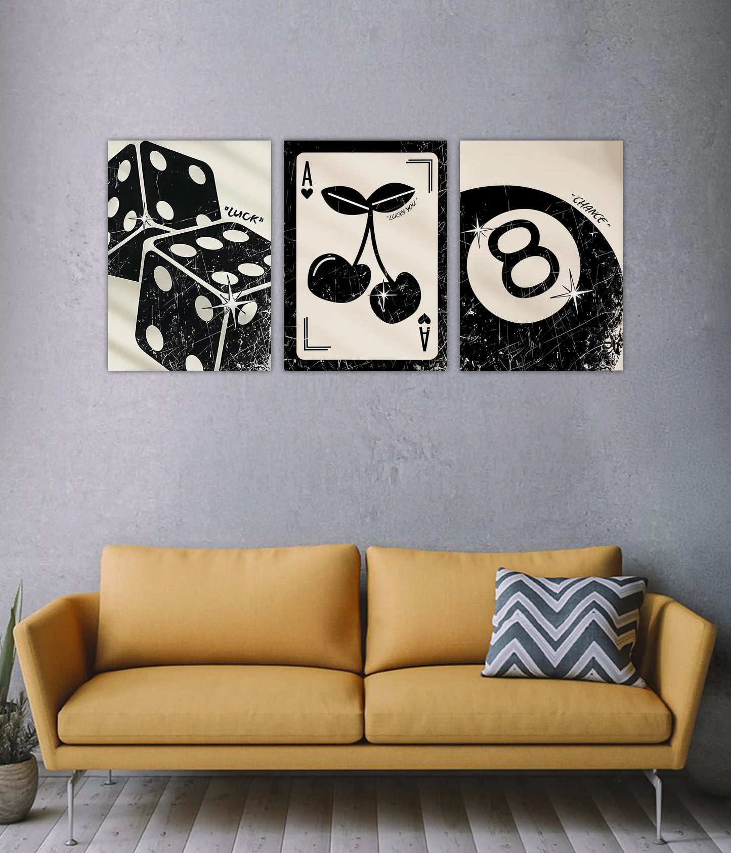 Lucky Symbols Retro 3-Piece Poster Set in Living Room - Everanta
