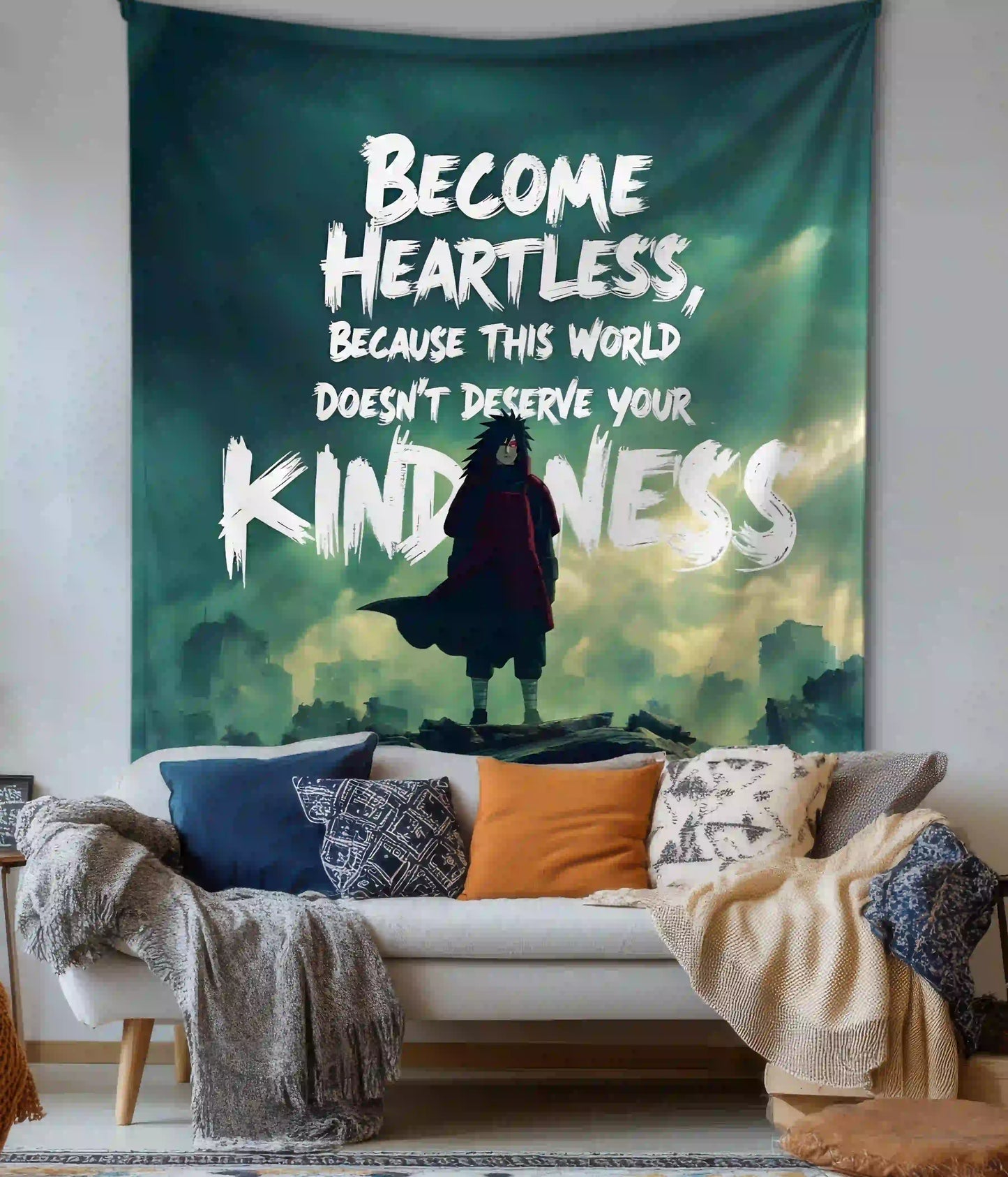 Madara Uchiha - Become Heartless Quote Tapestry in Living Room - Everanta