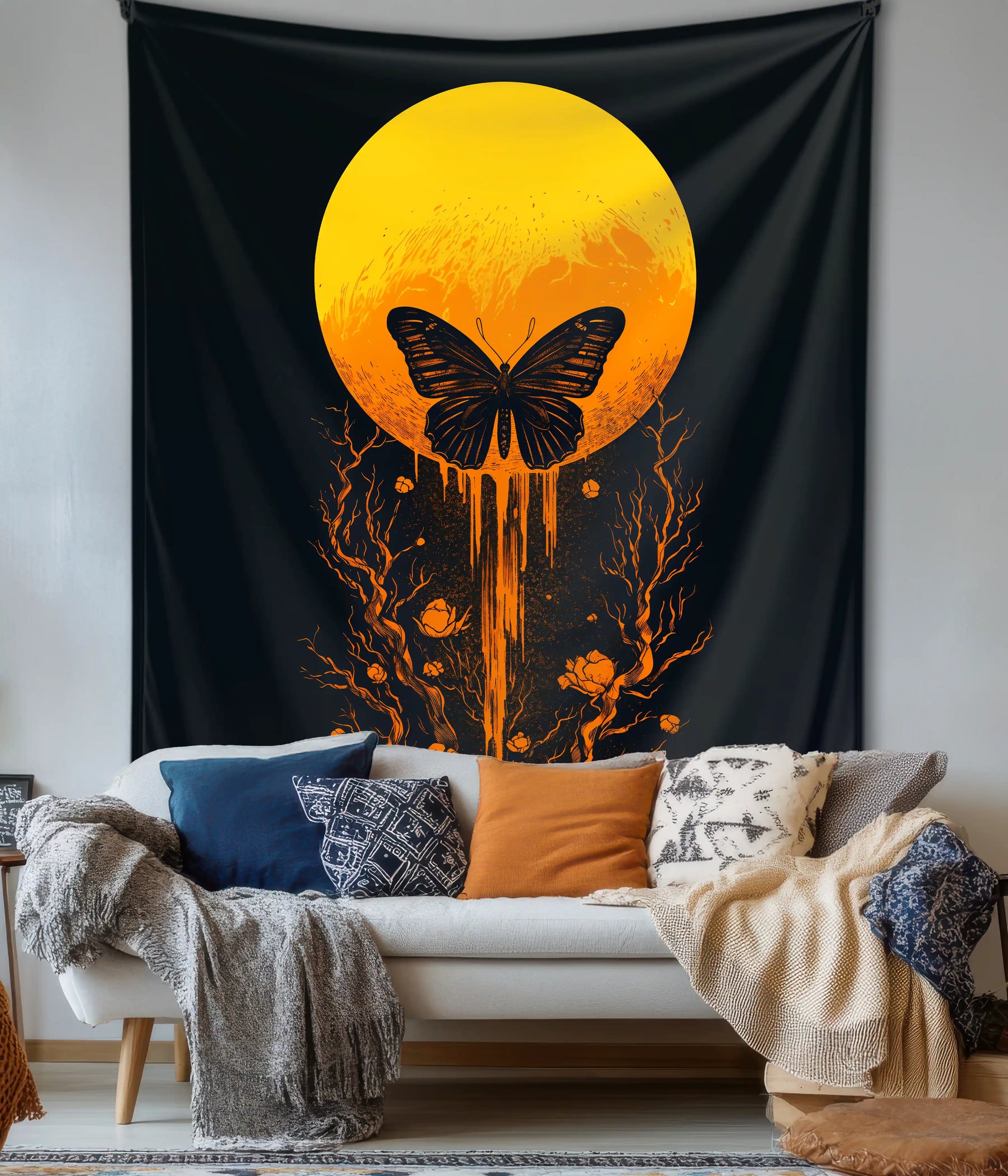Metamorphosis Moon – Butterfly Wall Tapestry in Living Room - Everanta