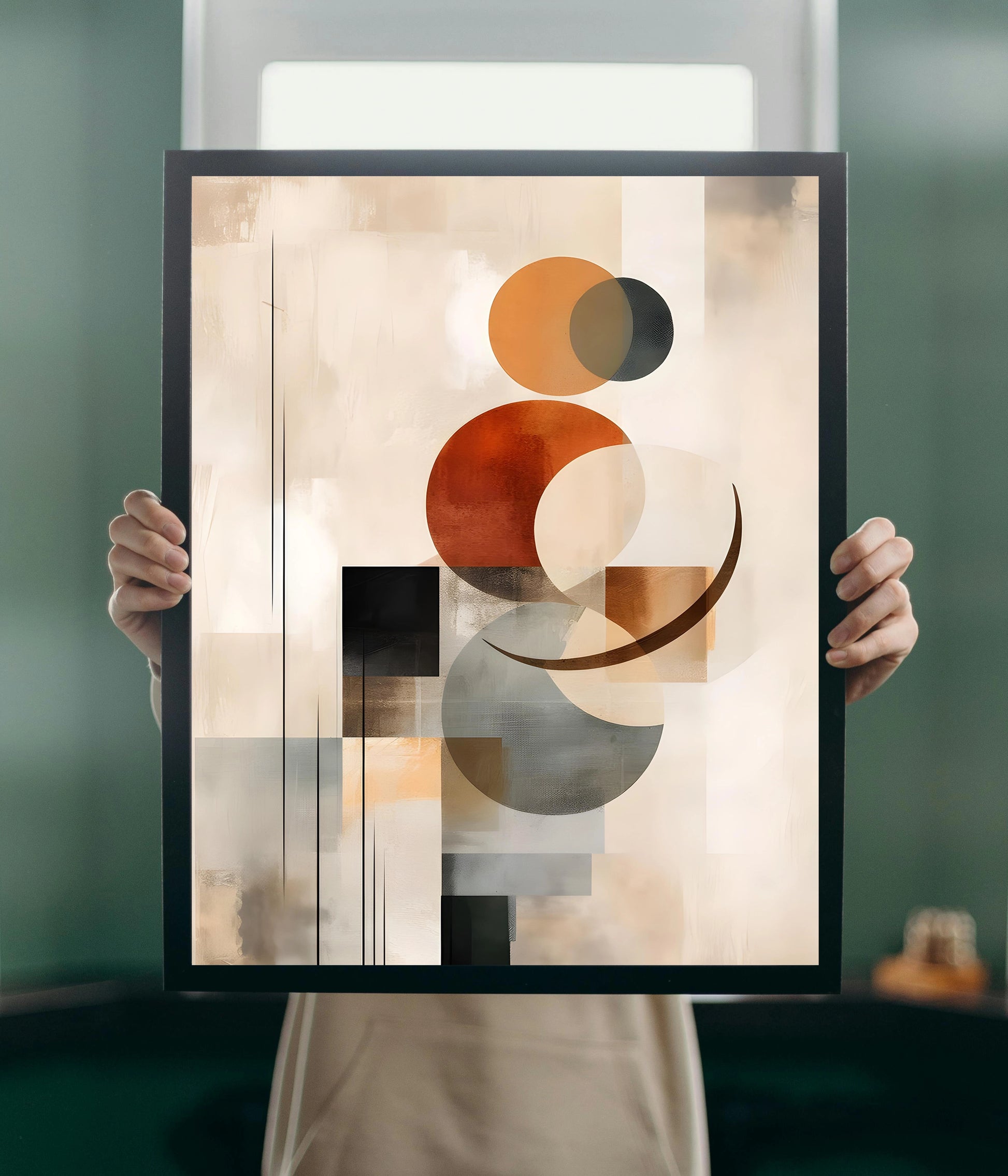Minimalist Beige Tone Abstract Poster Black Frame Holding Image - Everanta
