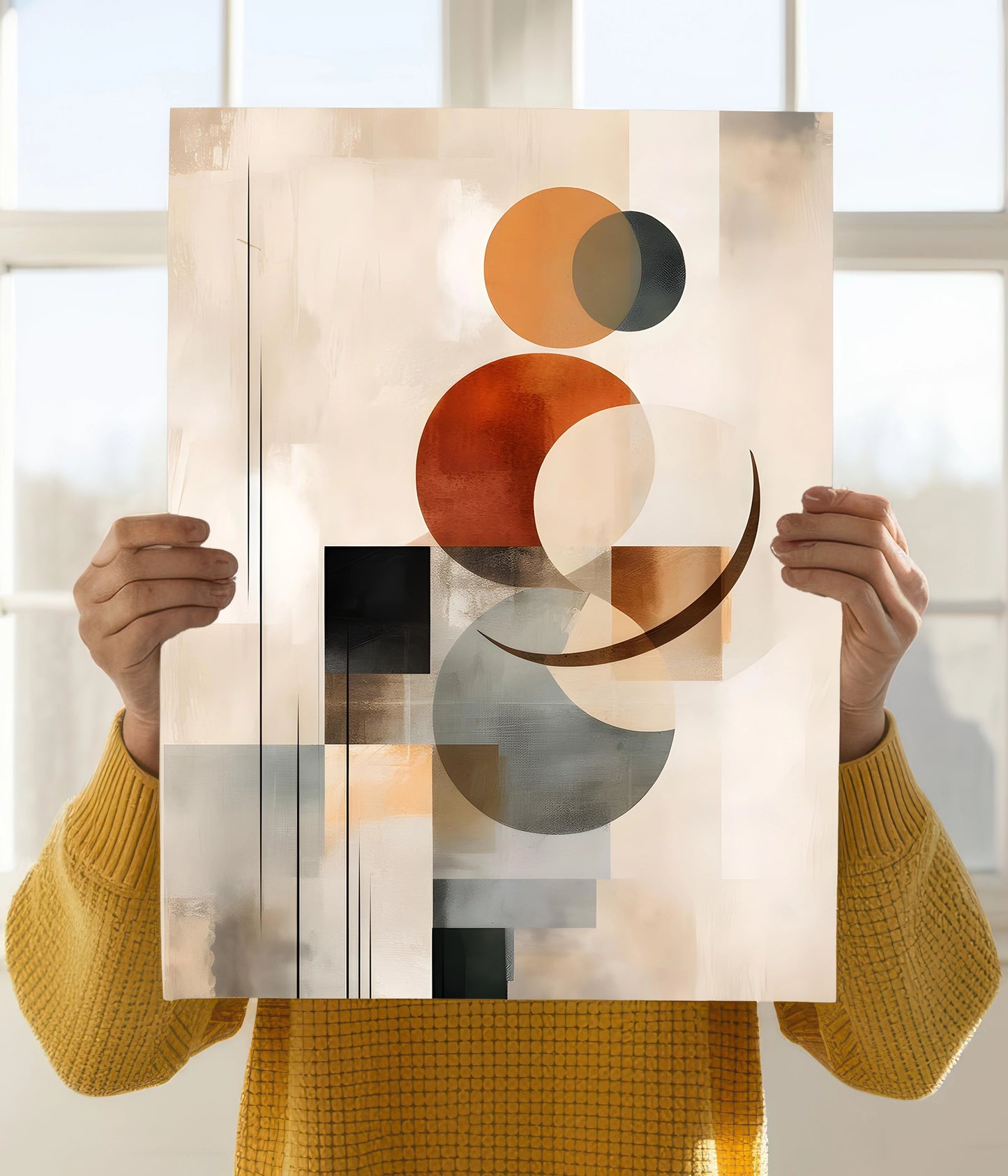 Minimalist Beige Tone Abstract Poster Holding Image - Everanta