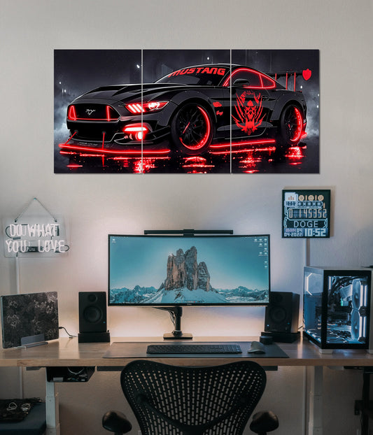 Neon Red Mustang – Futuristic Split Wall Poster - Everanta