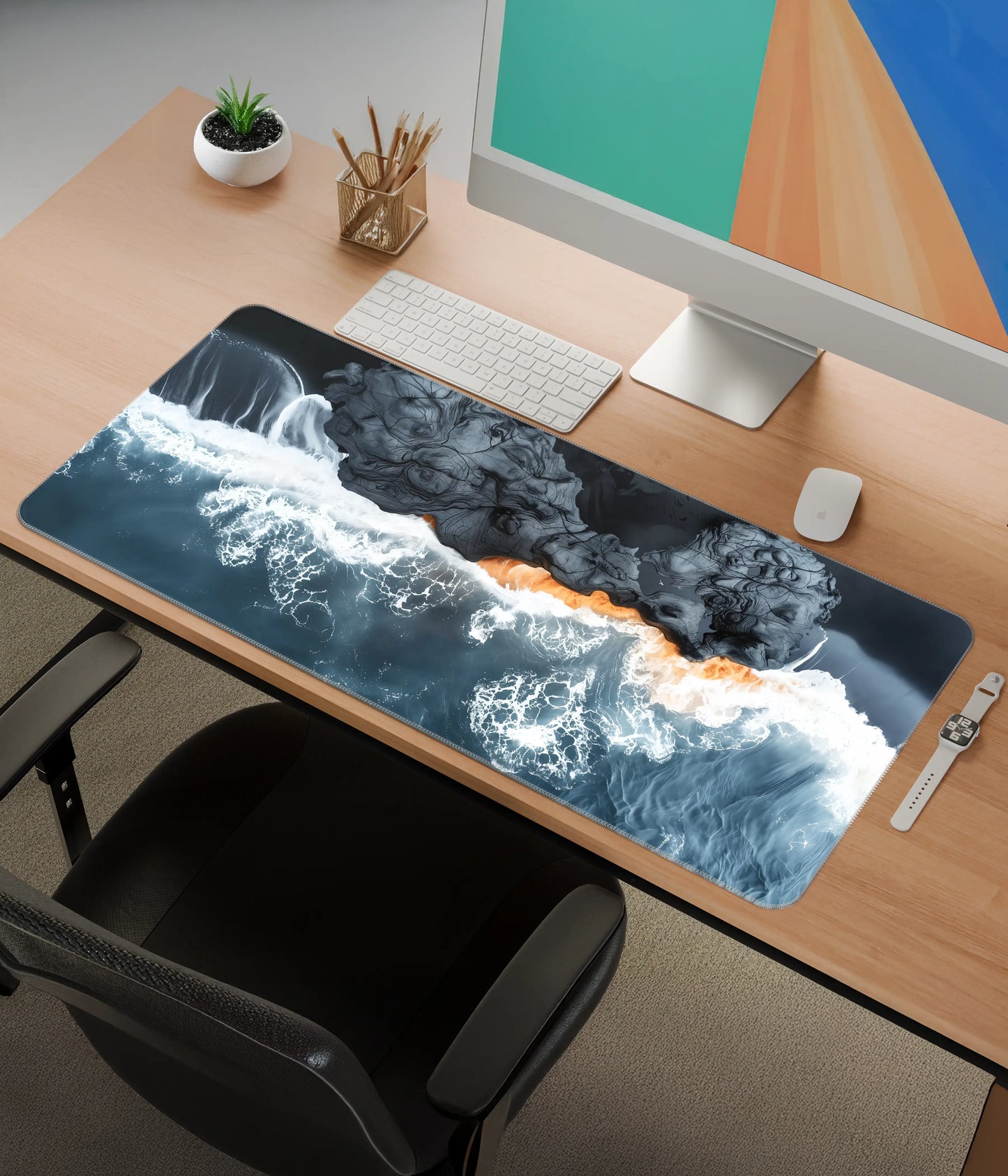 Ocean Wave Desk Mat – Abstract Extended Gaming & Office Mouse Pad Side View - Everanta