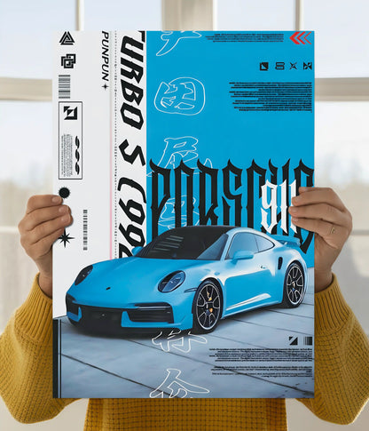 Porsche 911 Turbo S Blue Supercar Wall Poster Main Image - Everanta