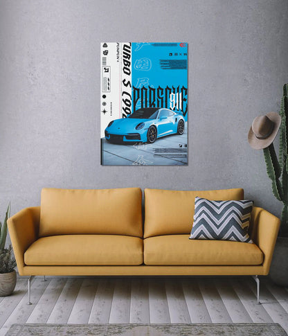 Porsche 911 Turbo S Blue Supercar Wall Poster on Wall - Everanta