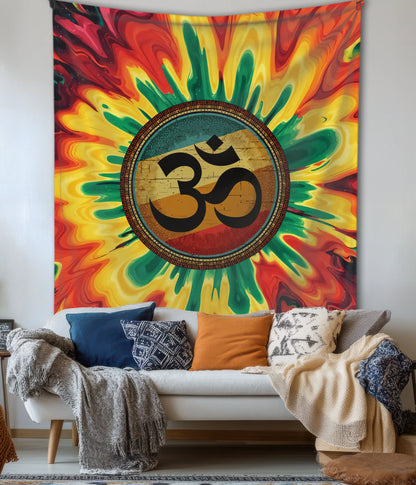 Psychedelic Om Mandala Spiritual Wall Tapestry in Living Room - Everanta