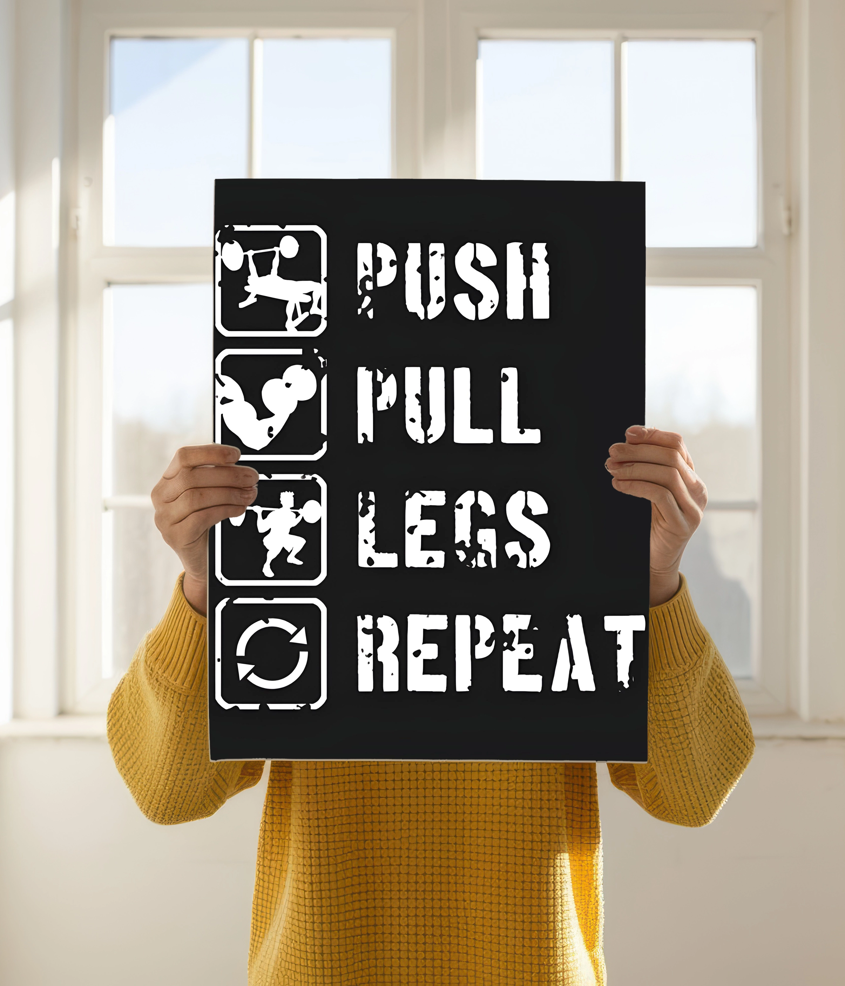 Push. Pull. Legs. Repeat. — Gym Poster Holding Image - Everanta