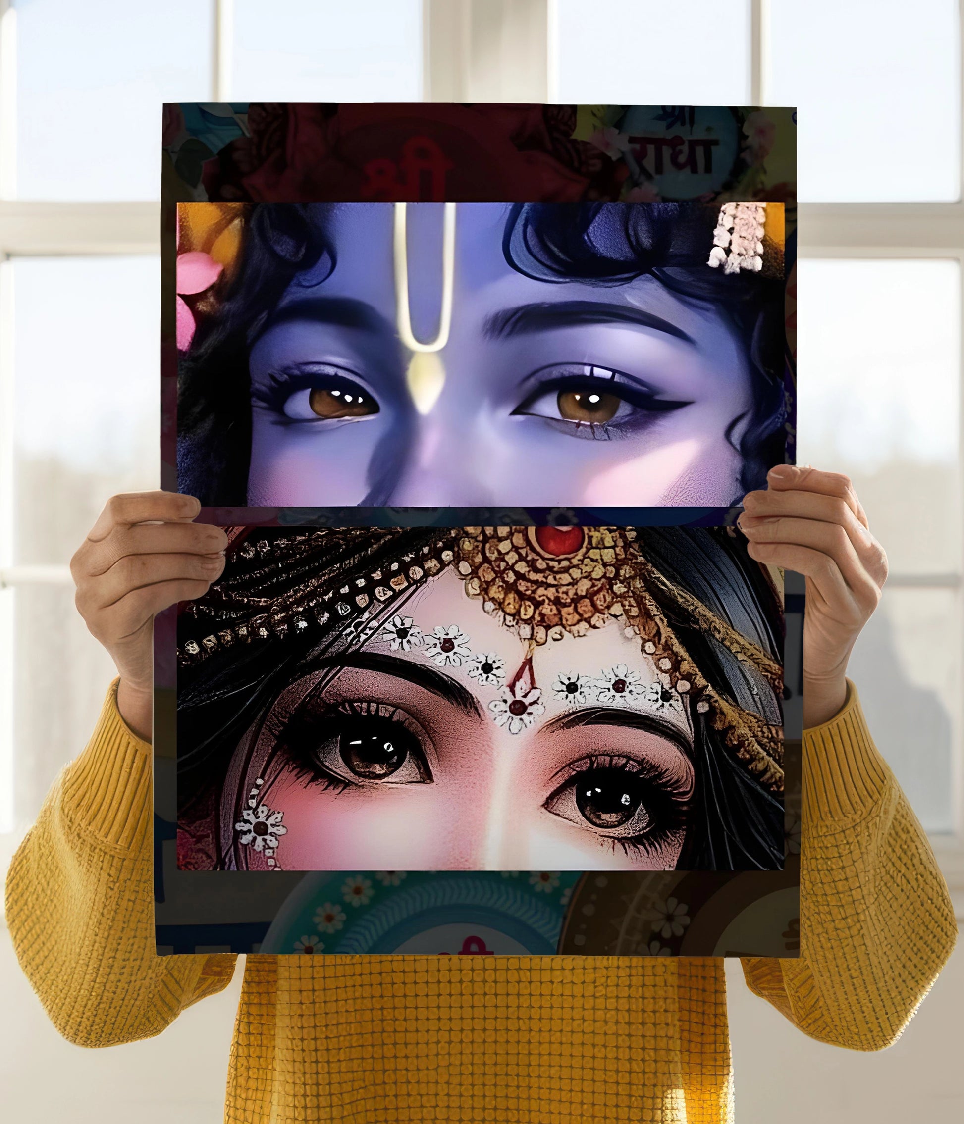 Radha Krishna’s Eyes – A Glimpse of Divine Love Wall Poster Holding Image - Everanta