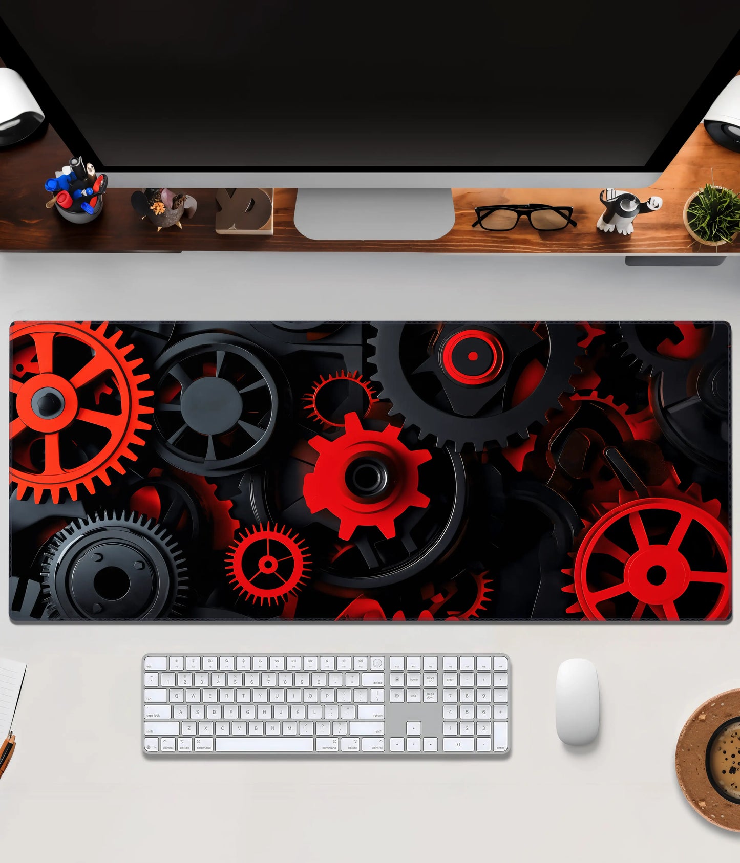 Red & Black Gears Desk Mat – Industrial Gaming & Office Mouse Pad Main Image - Everanta