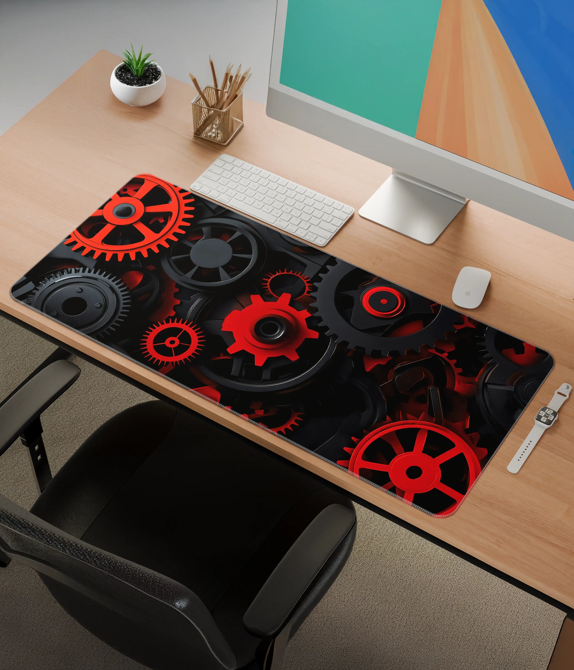 Red & Black Gears Desk Mat – Industrial Gaming & Office Mouse Pad Side View - Everanta