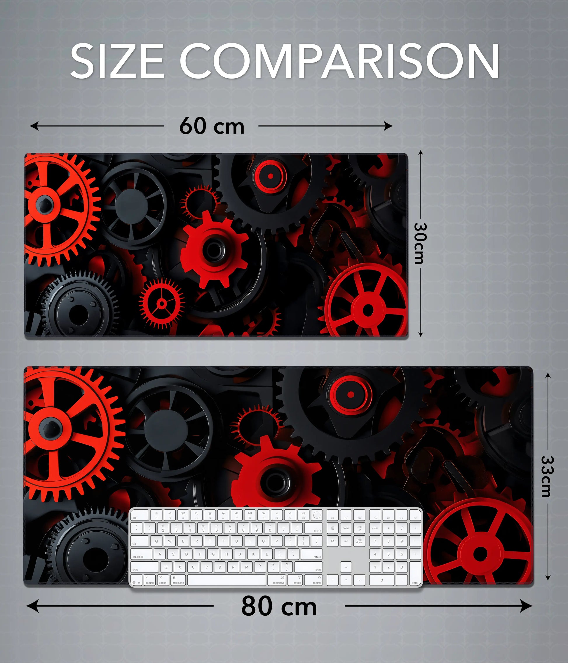Red & Black Gears Desk Mat – Industrial Gaming & Office Mouse Pad Size Comparison - Everanta