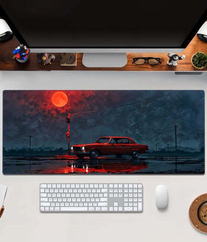 Red Car Under Blood Moon Desk Mat – Aesthetic Gaming Pad Main Image - Everanta