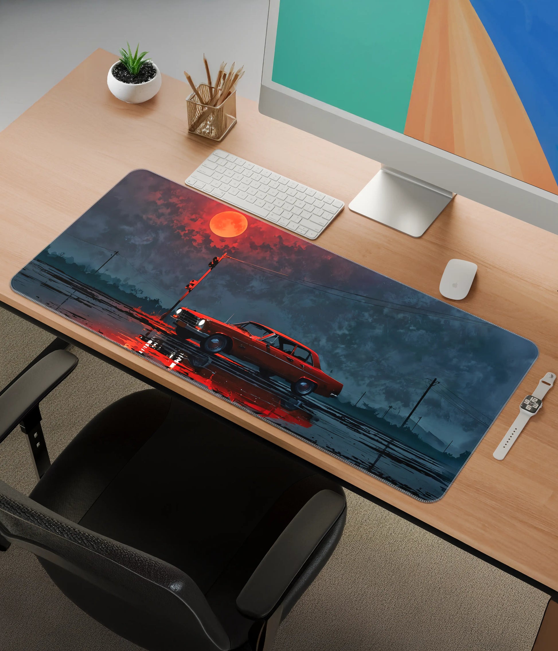 Red Car Under Blood Moon Desk Mat – Aesthetic Gaming Pad Side View - Everanta
