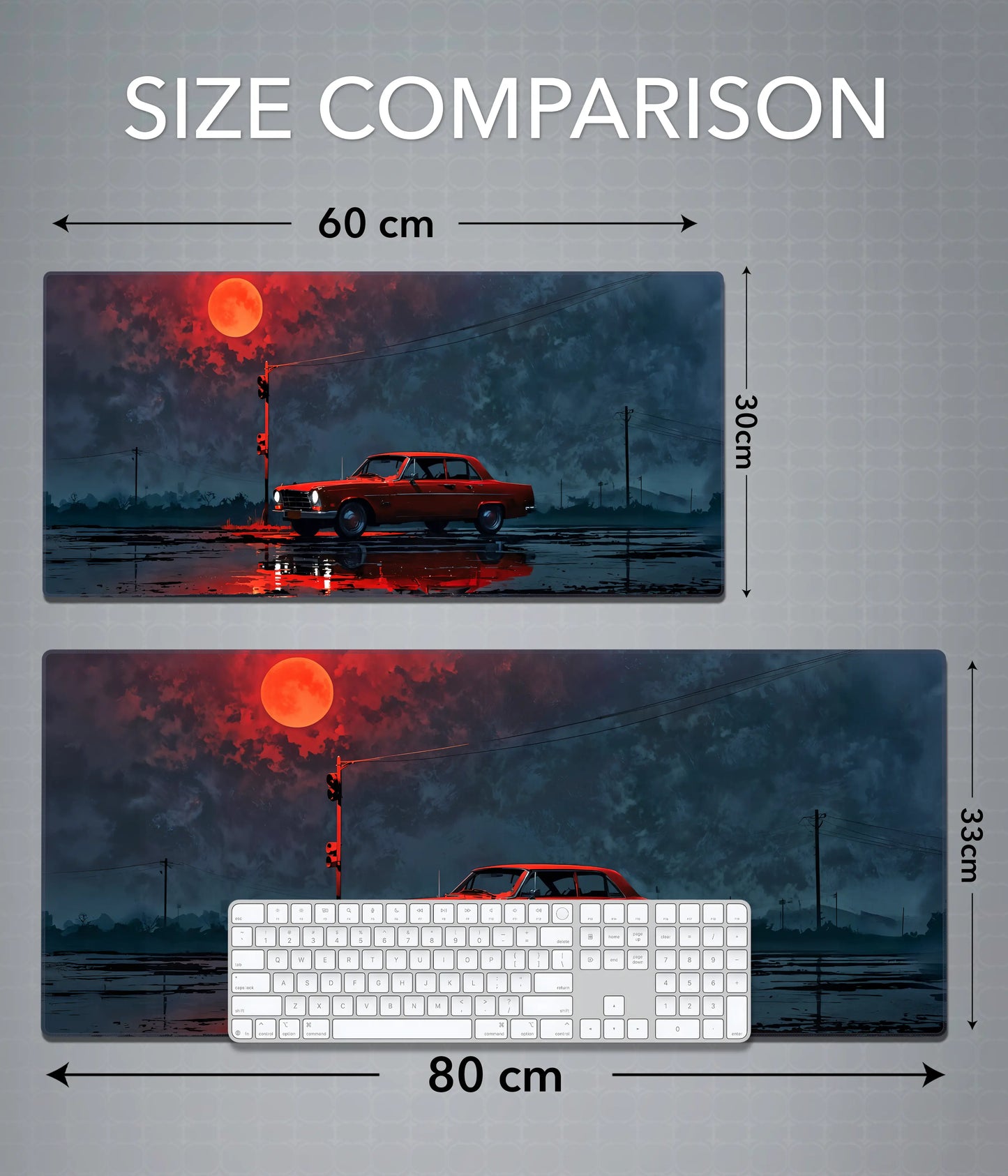 Red Car Under Blood Moon Desk Mat – Aesthetic Gaming Pad Size Comparison - Everanta