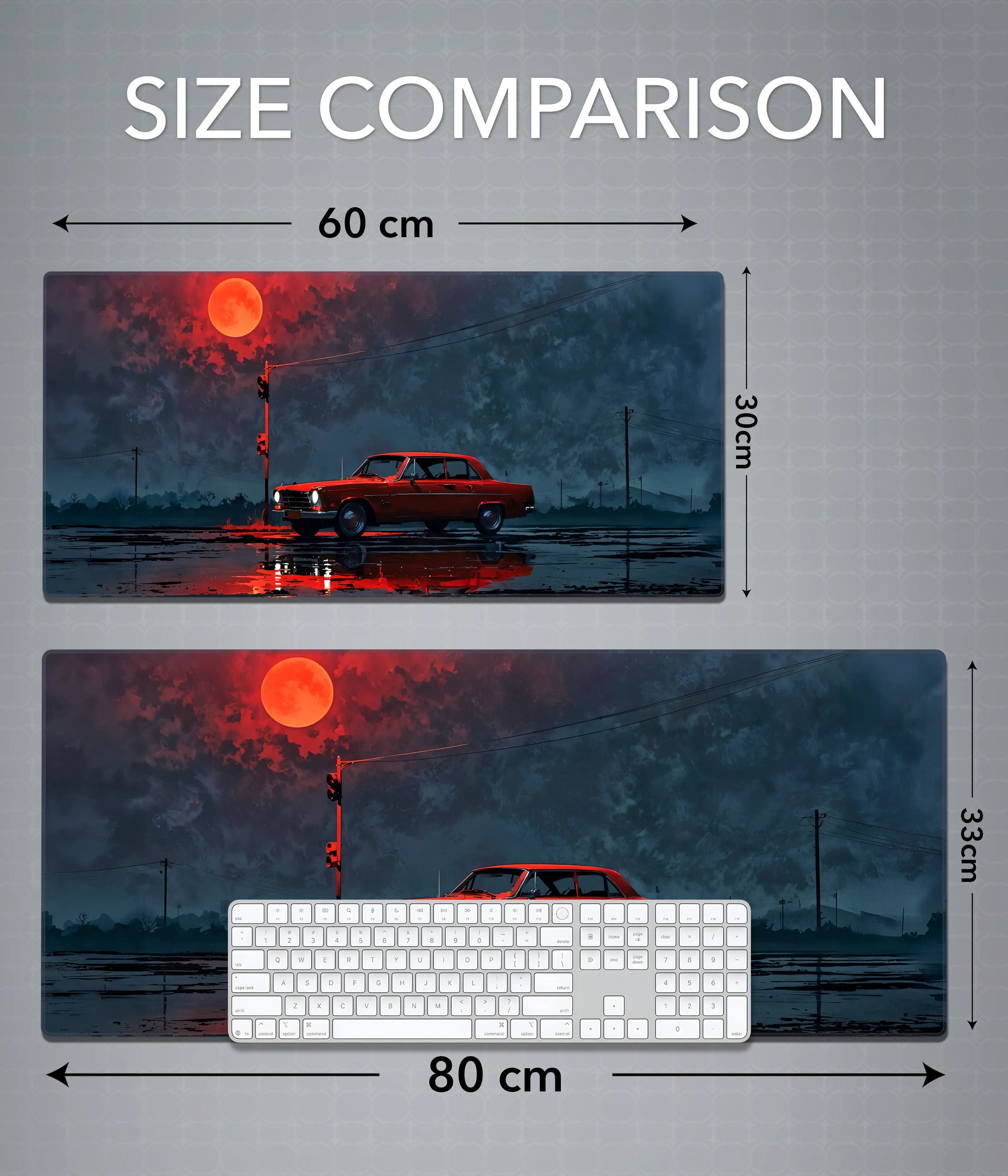 Red Car Under Blood Moon Desk Mat – Aesthetic Gaming Pad Size Comparison - Everanta