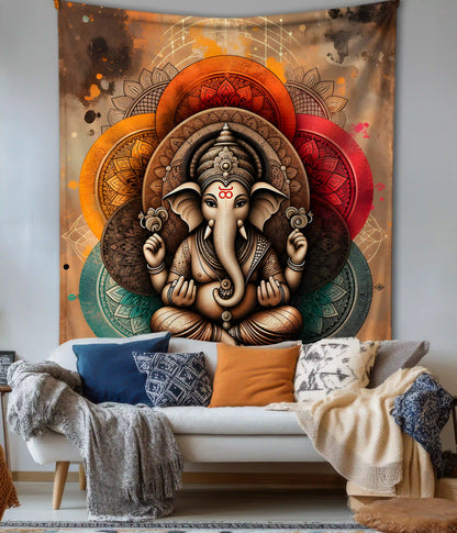 Sacred Mandala Ganpati Artistic Ganesha Wall Tapestry - Everanta