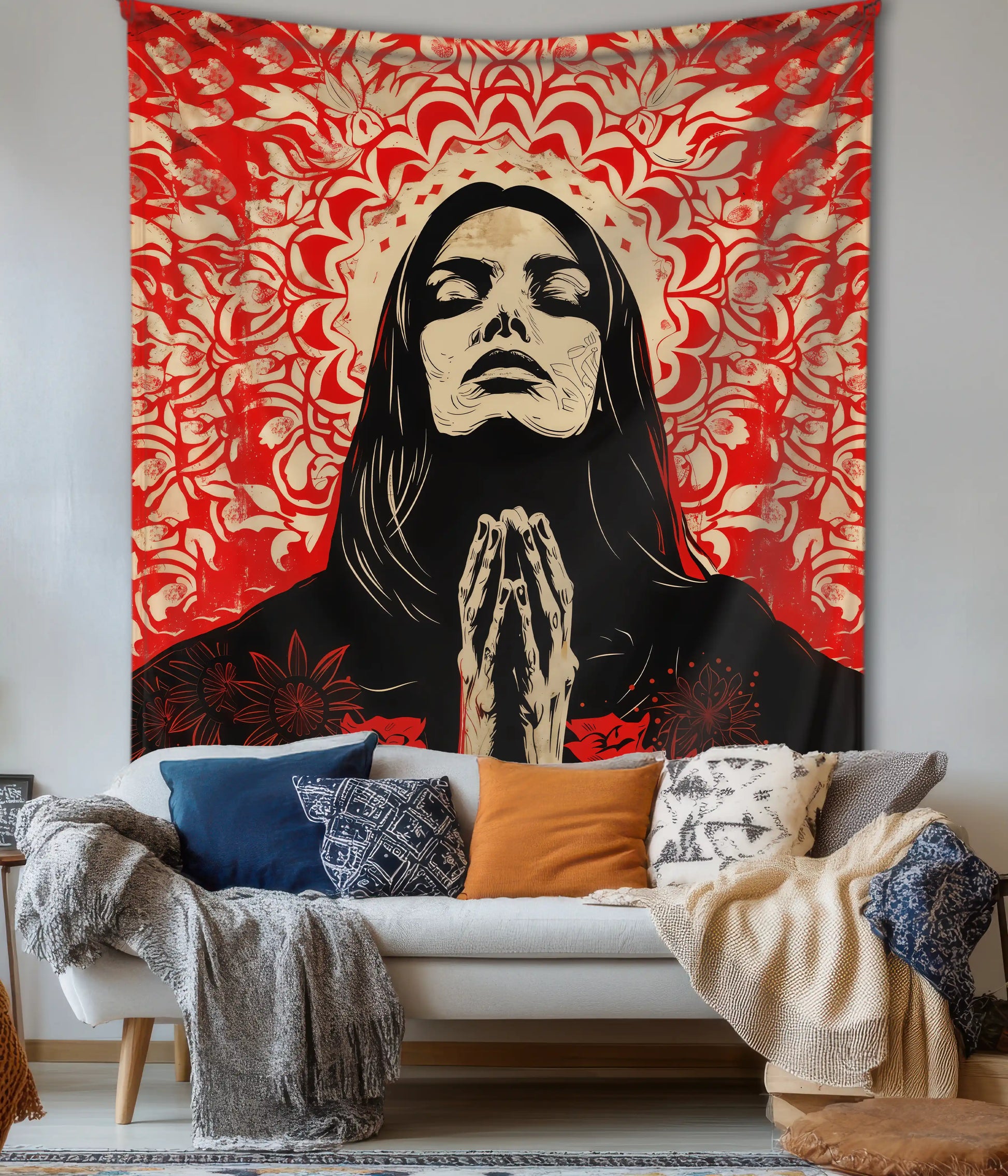 Sacred Surrender Devotional Prayer Wall Tapestry in Living Room - Everanta