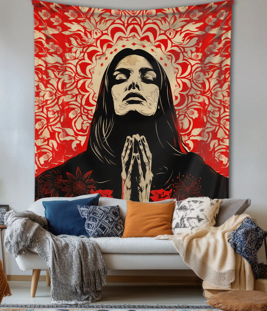 Sacred Surrender Devotional Prayer Wall Tapestry in Living Room - Everanta