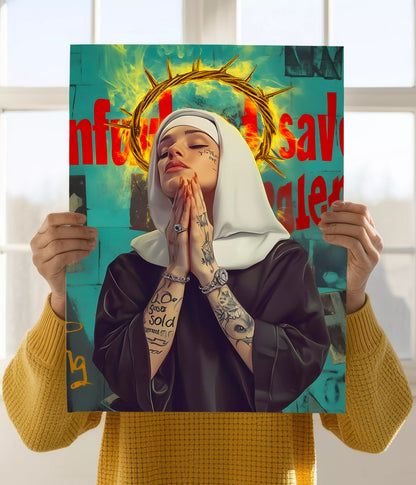 Saint in Ink – Modern Nun Aesthetic Poster Holding Image - Everanta