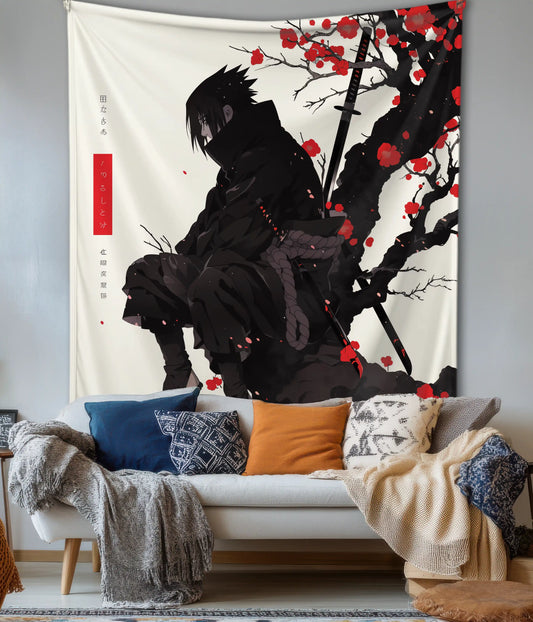 Shadowed Uchiha – Sakura Night Anime Tapestry in Living Room - Everanta