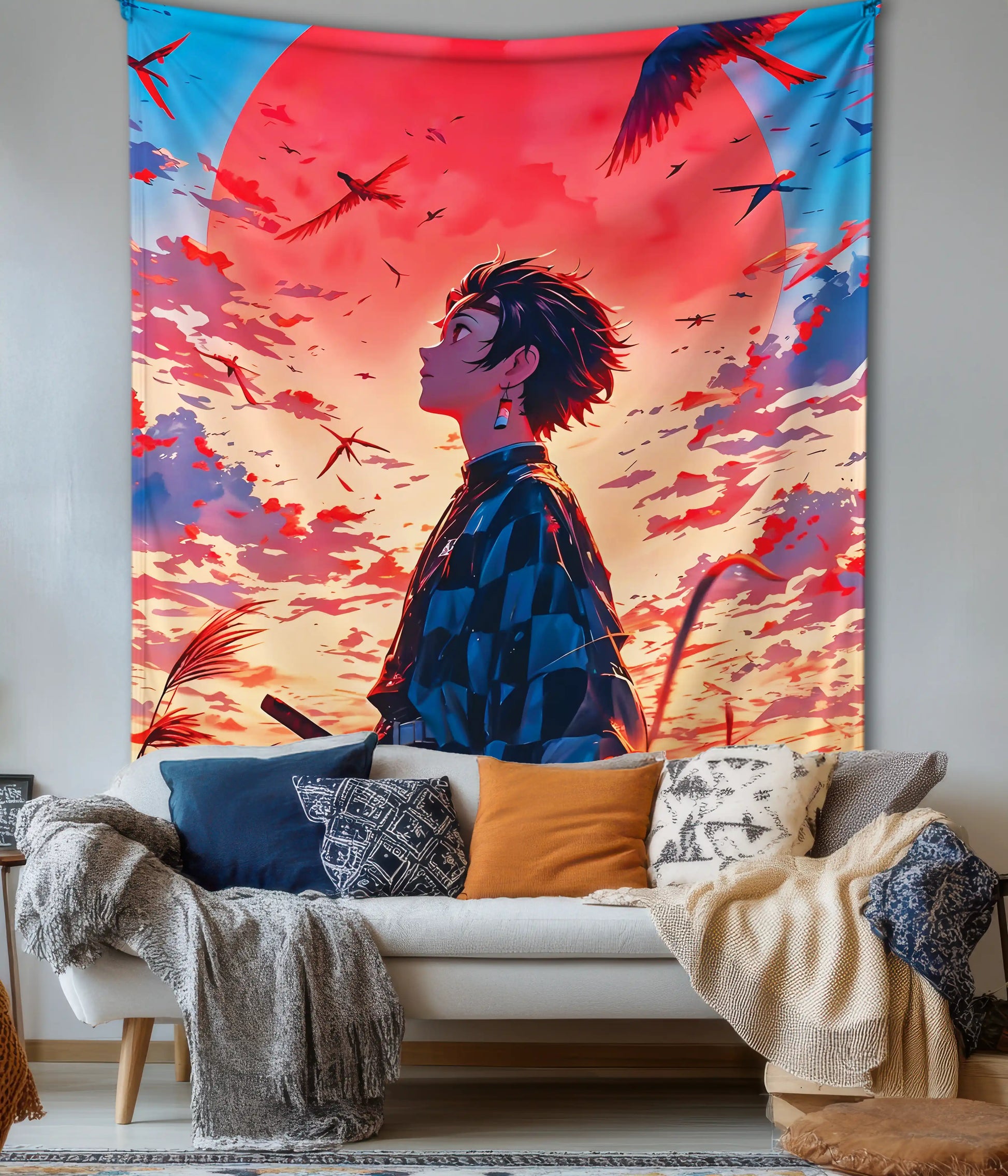 Tanjiro Kamado Anime Wall Tapestry in Living Room - Everanta