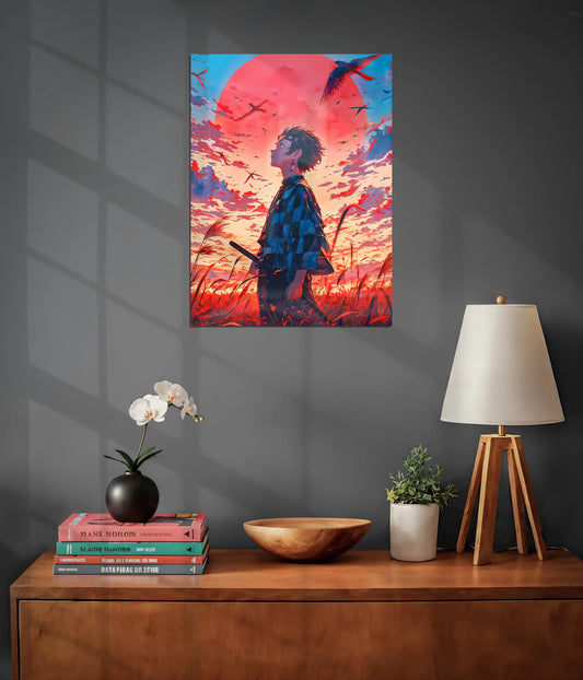 Tanjiro Kamado Sunset Resolve Metal Poster on Wall - Everanta