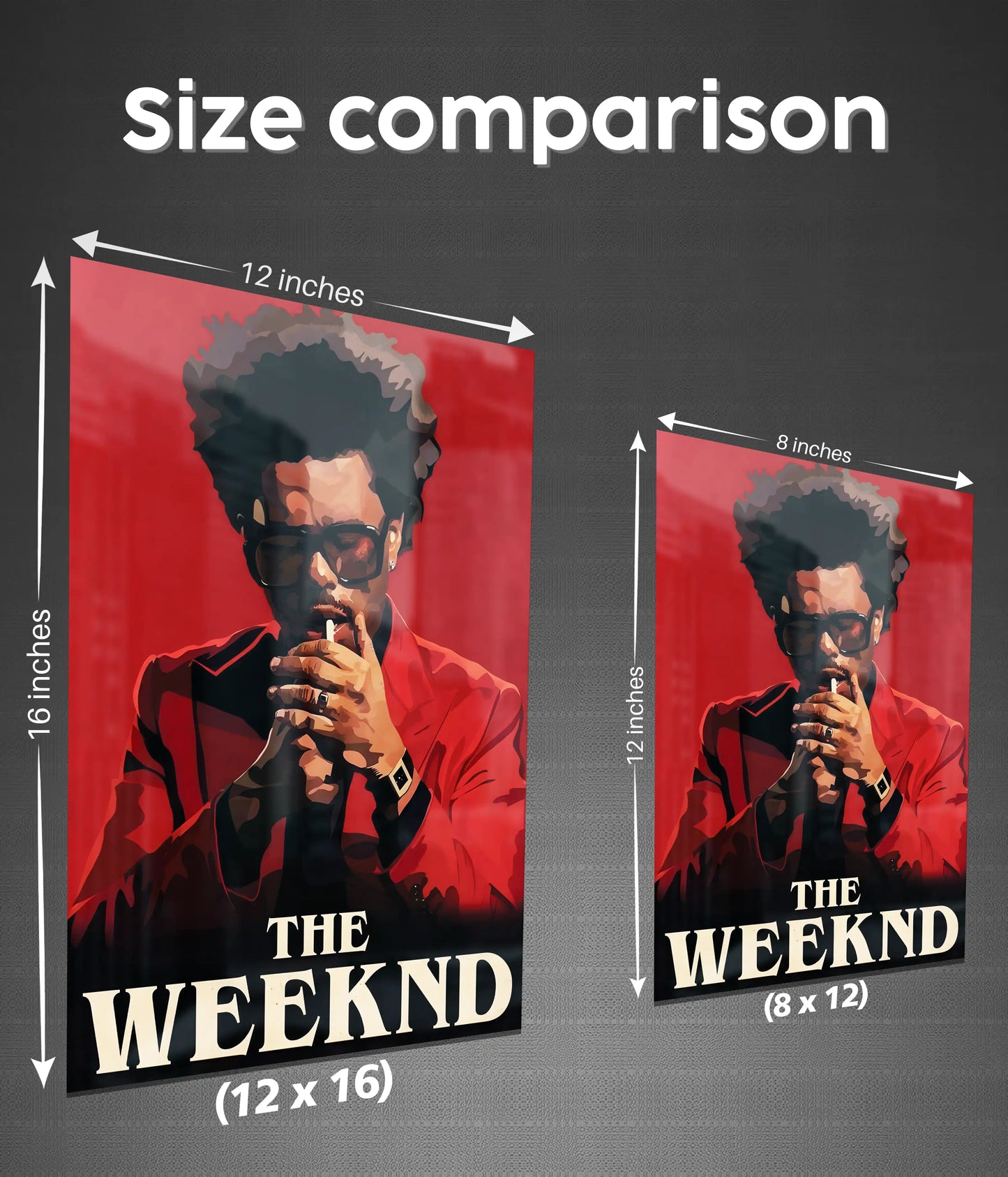 The Weeknd Iconic Red Portrait Metal Poster Size Comparison - Everanta