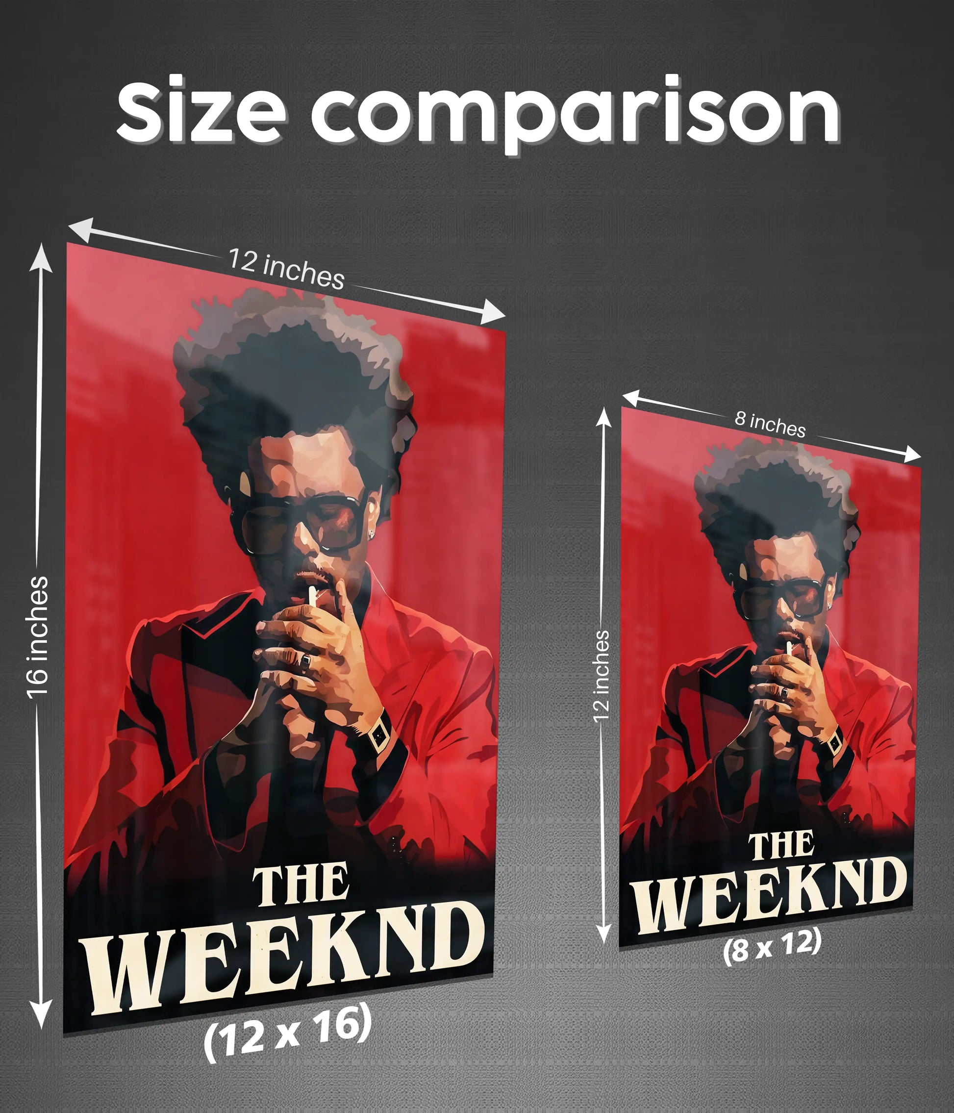 The Weeknd Iconic Red Portrait Metal Poster Size Comparison - Everanta