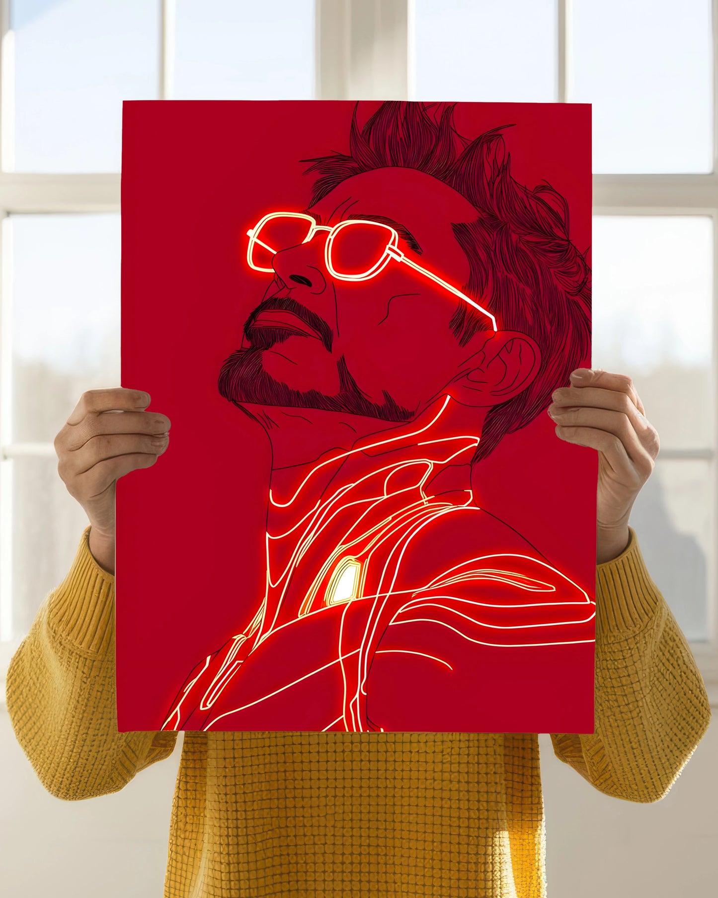 Tony Stark Glow – Iron Man Neon Art Poster Holding Image - Everanta