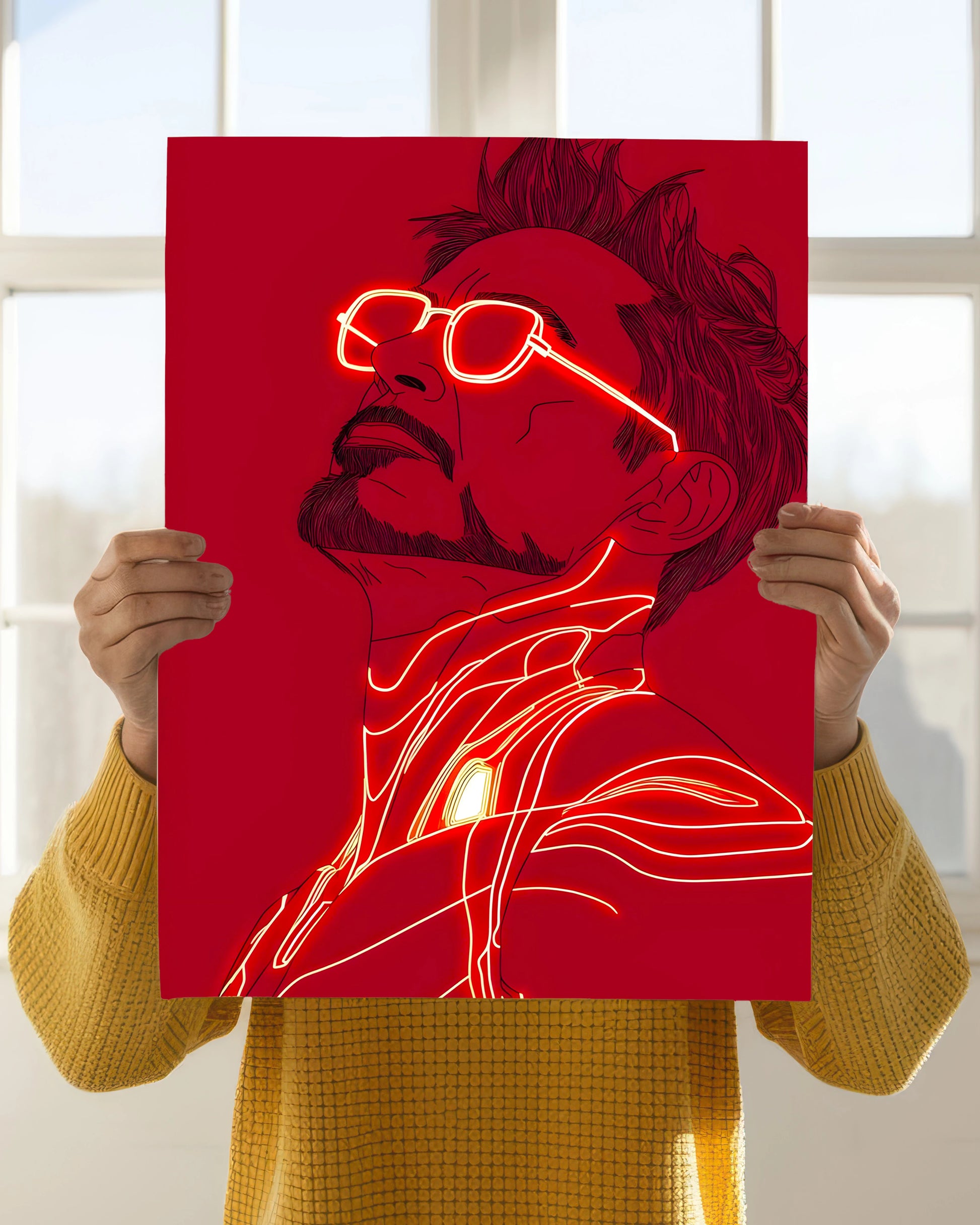 Tony Stark Glow – Iron Man Neon Art Poster Holding Image - Everanta
