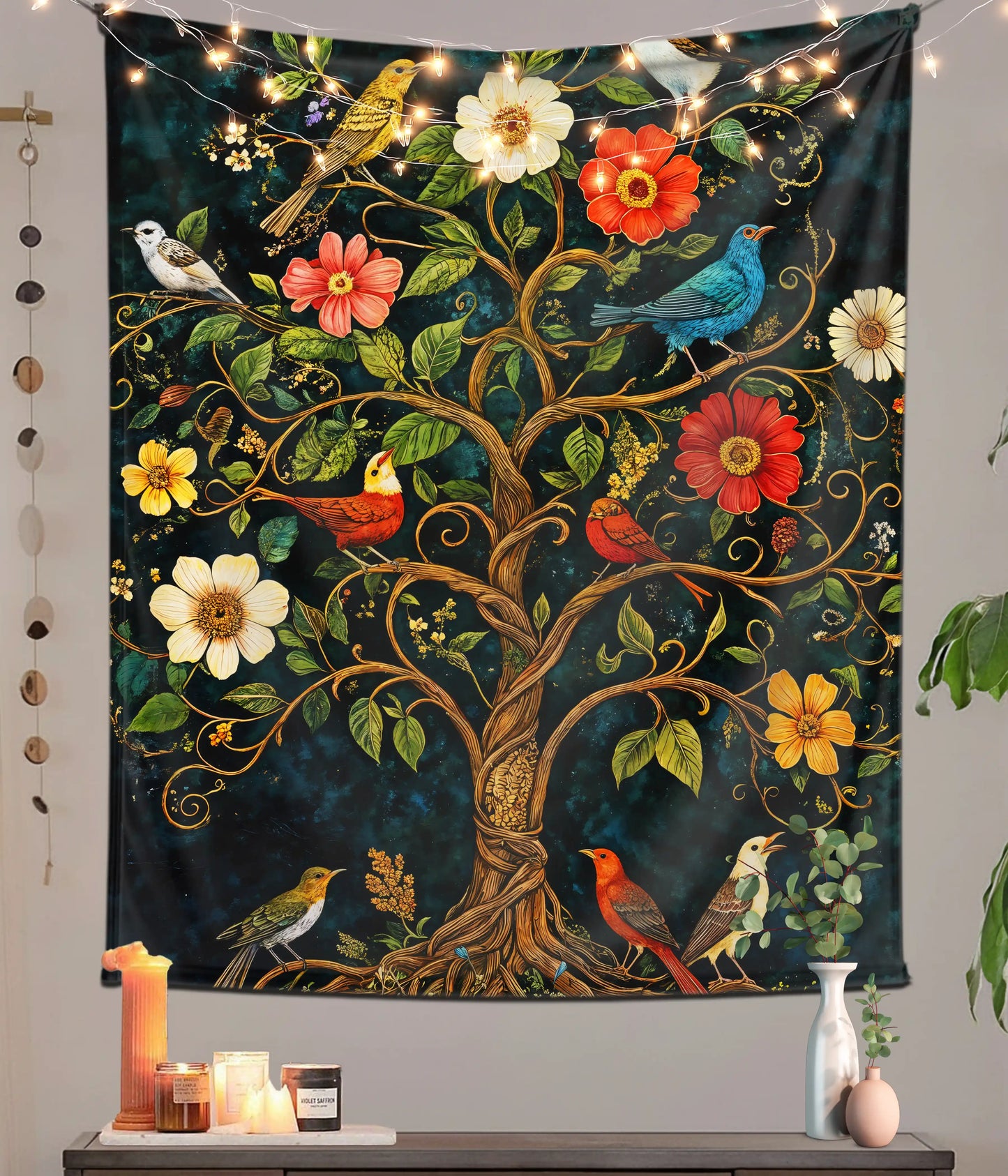 Tree of Life Garden Birds Aesthetic Wall Tapestry Main Image - Everanta