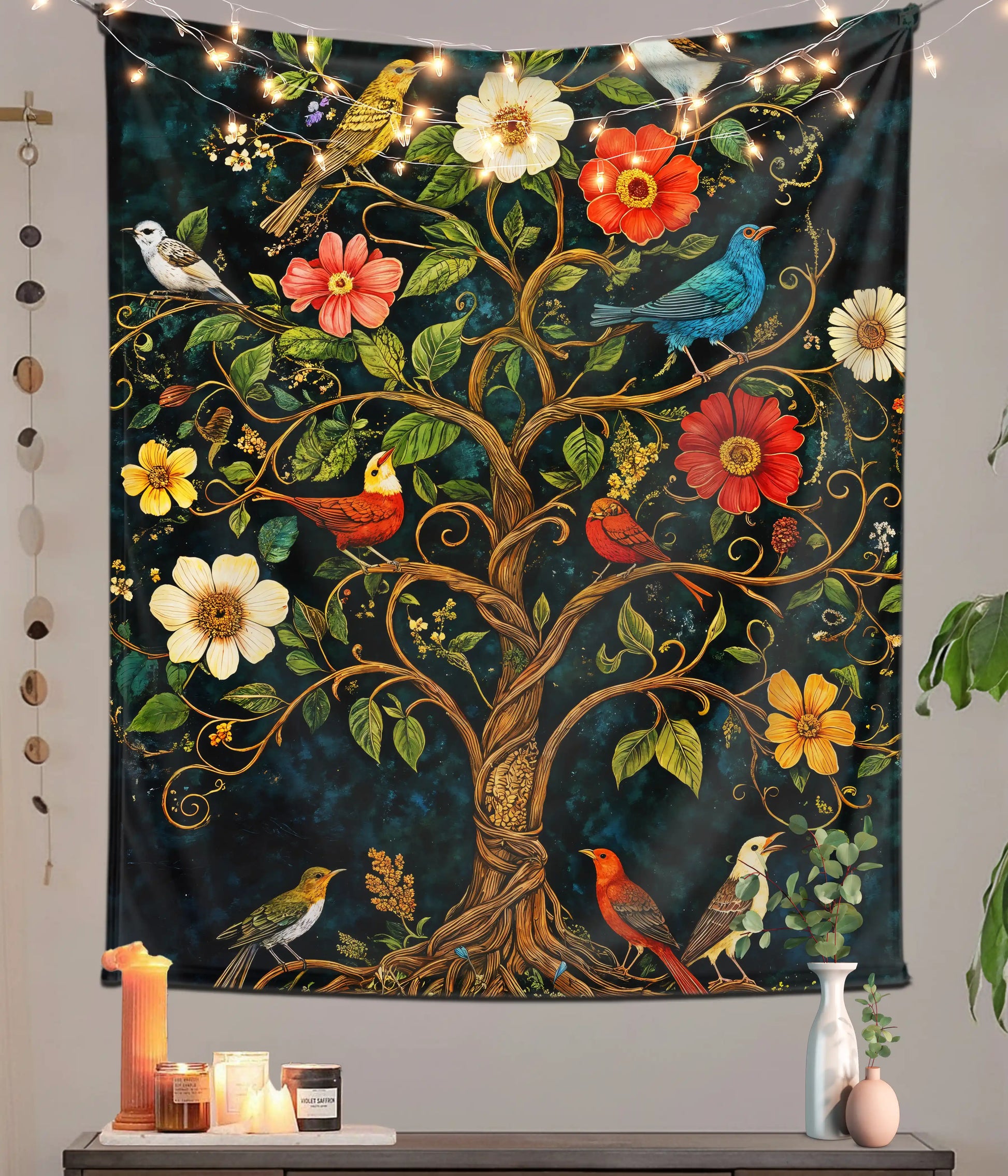 Tree of Life Garden Birds Aesthetic Wall Tapestry Main Image - Everanta