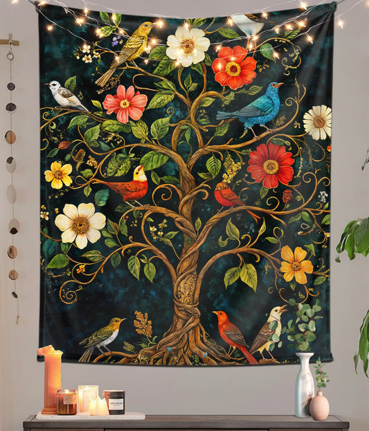 Tree of Life Garden Birds Aesthetic Wall Tapestry Main Image - Everanta
