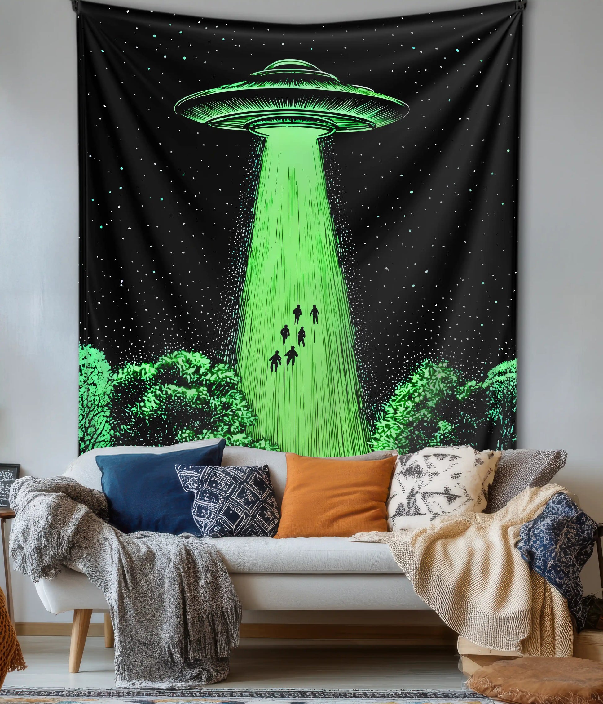 UFO Alien Abduction Aesthetic Wall Tapestry in Living Room - Everanta