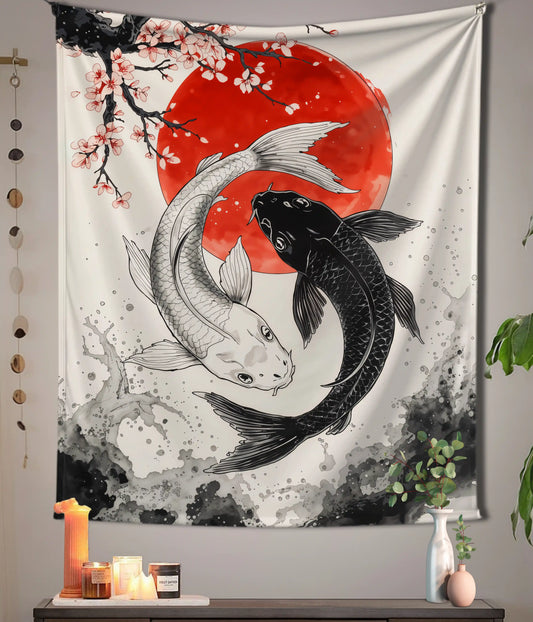 Yin Yang Koi Fish Japanese Aesthetic Wall Tapestry Main Image - Everanta