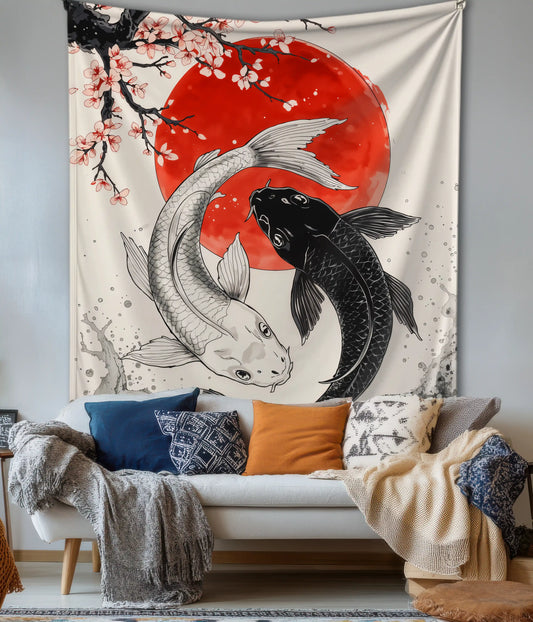 Yin Yang Koi Fish Japanese Aesthetic Wall Tapestry on Wall - Everanta