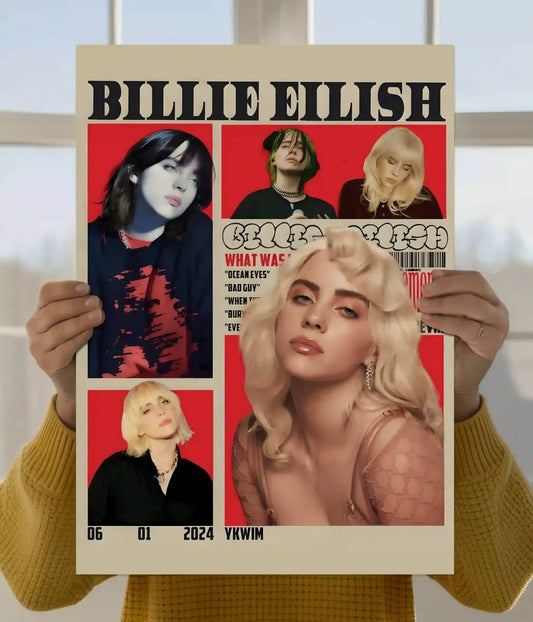 Billie Eilish red and cream collage wall poster held for display - Everanta