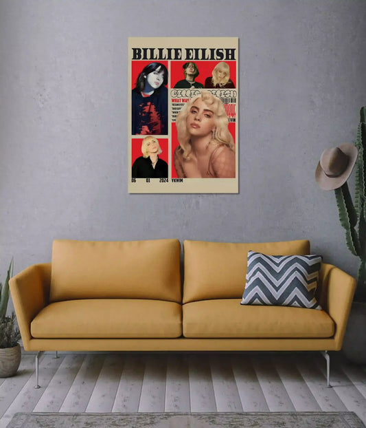 Billie Eilish collage wall poster above a sofa