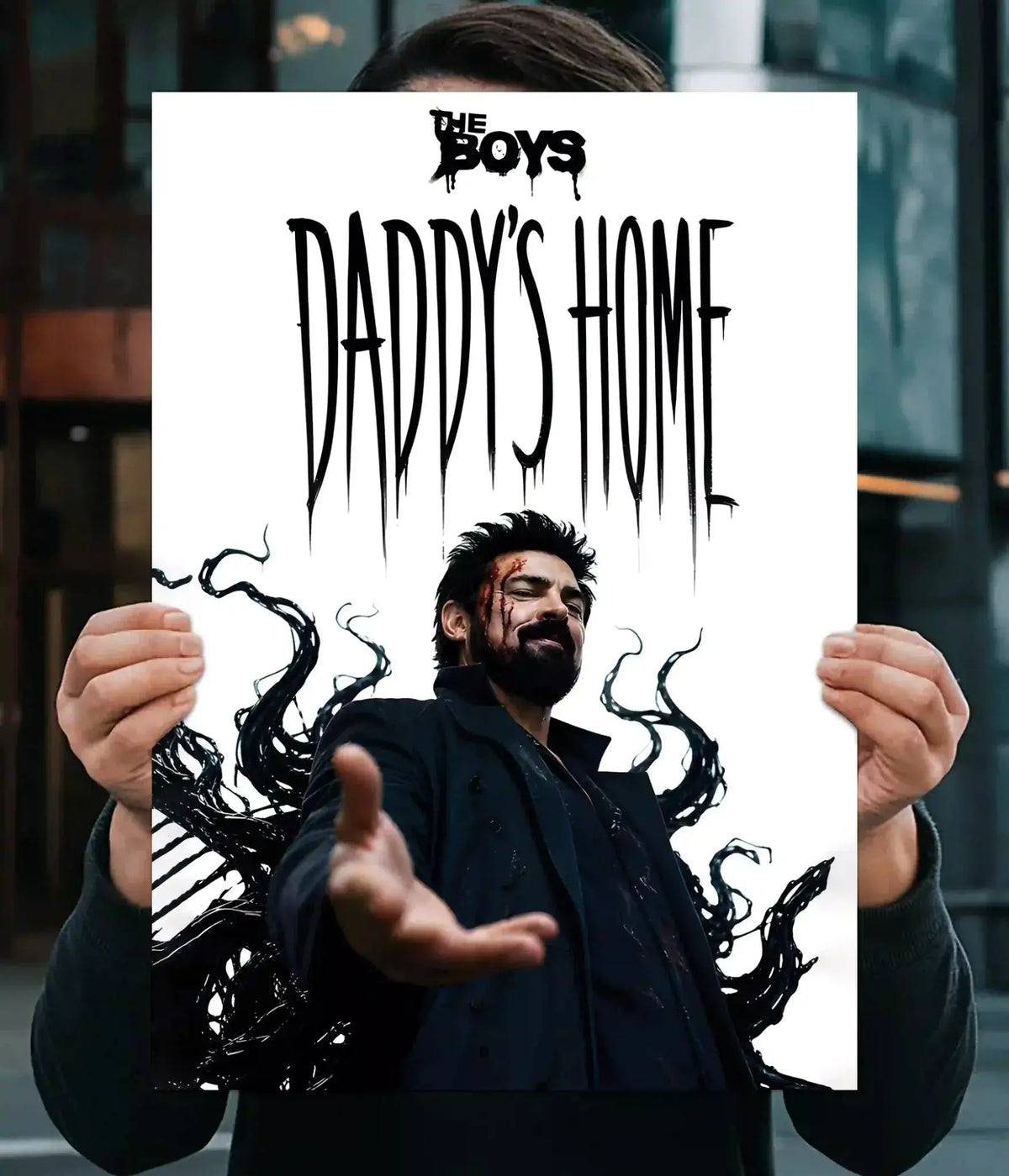 Billy Butcher Daddy's Home wall poster featuring The Boys logo and black tendrils - Everanta