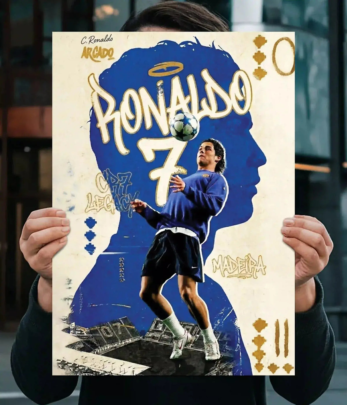 Cristiano Ronaldo CR7 Legacy wall poster in blue, cream and gold with a football action portrait - Everanta
