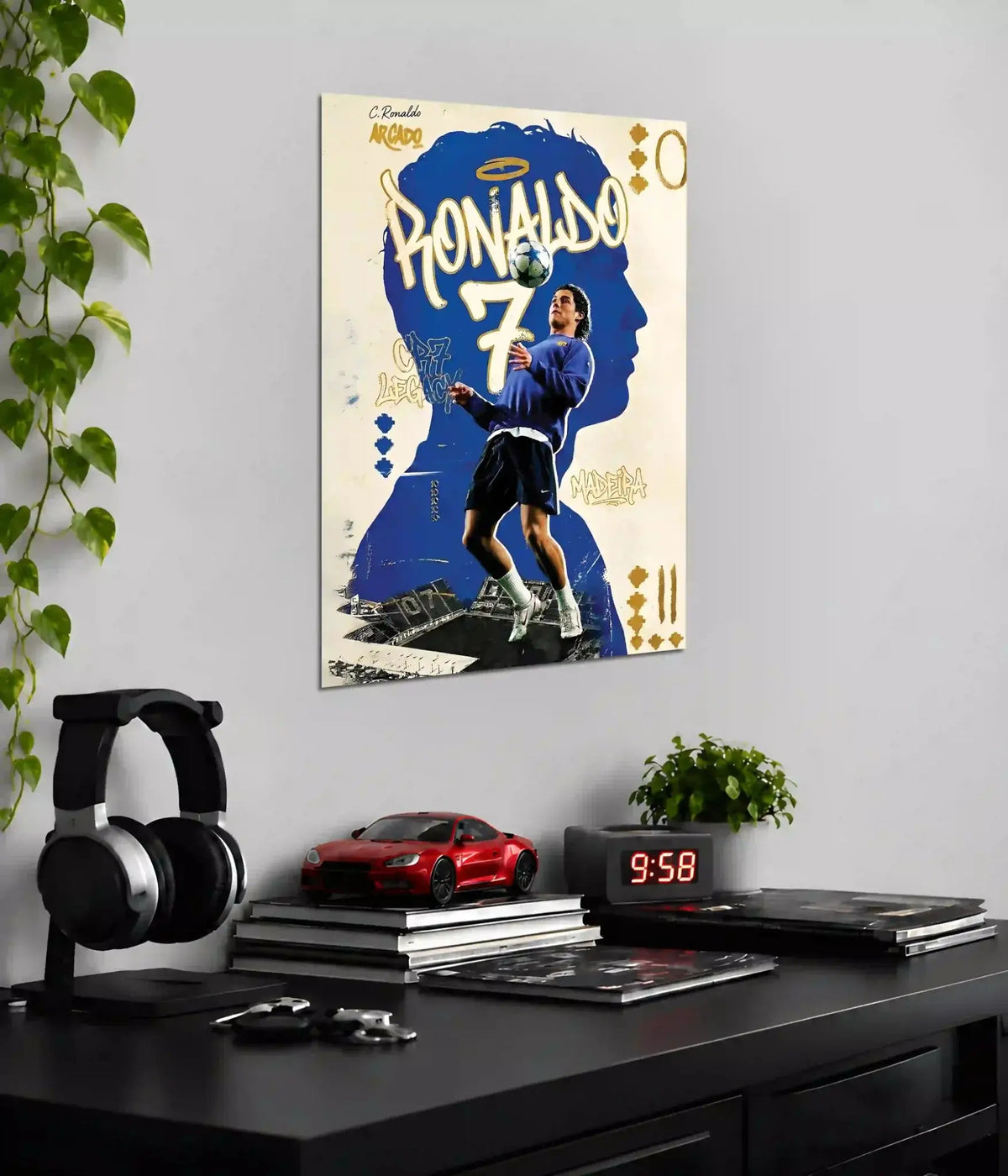 Cristiano Ronaldo CR7 Legacy retro football poster displayed above a desk - Everanta