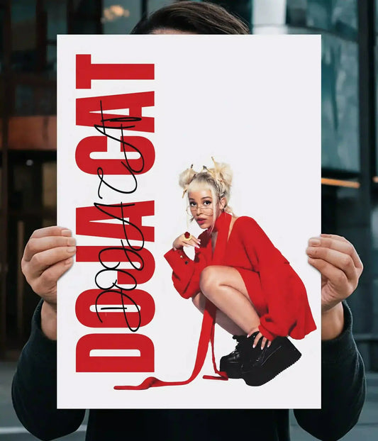 Doja Cat wall poster with red outfit portrait and vertical red typography - Everanta